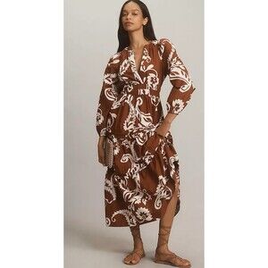 Anthropologie Maxi Dress Brown Somerset Long Sleeve Preppy Cottagecore XXS NWT